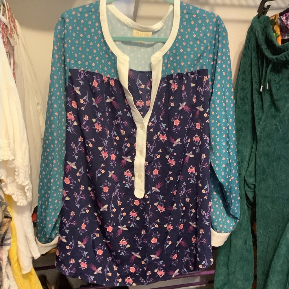 Modcloth Teal and White Navy Floral Patterned Blouse